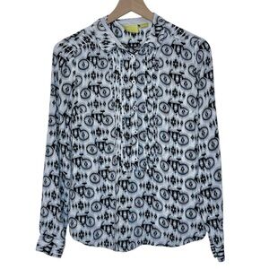 Maeve Anthropologie Anni Bicycle Print Pintuck Popover Blouse Size 8 Novelty